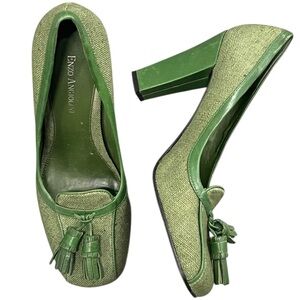 Enzo Angiolini Elalange2 green tweed and leather tassel pumps